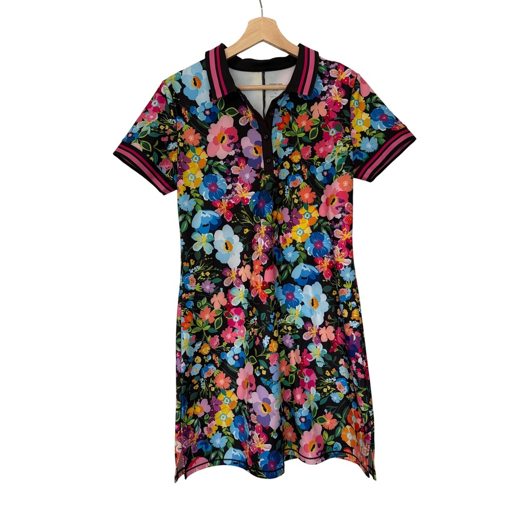 Johnny Was Bee Active Floral Polo Dress "Wild Bloom" M Black Short Sleeve Mini